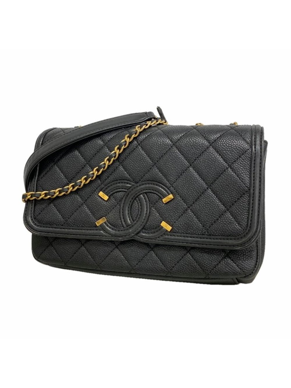 Chanel Shoulder Bag CC Filigree Caviar Leather Black Gold